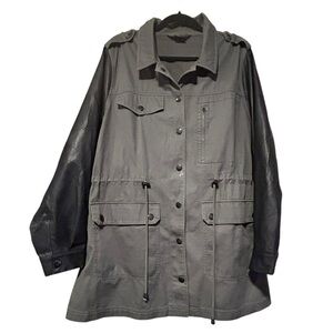 City Chic Olive Green/Black Faux Leather Contrast Sleeves Barn Coat – Size L/20